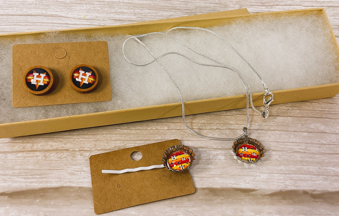 AGSD Novelty Jewelry -Mini Bottlecap Baseball Necklace Earring Hair-pin Set