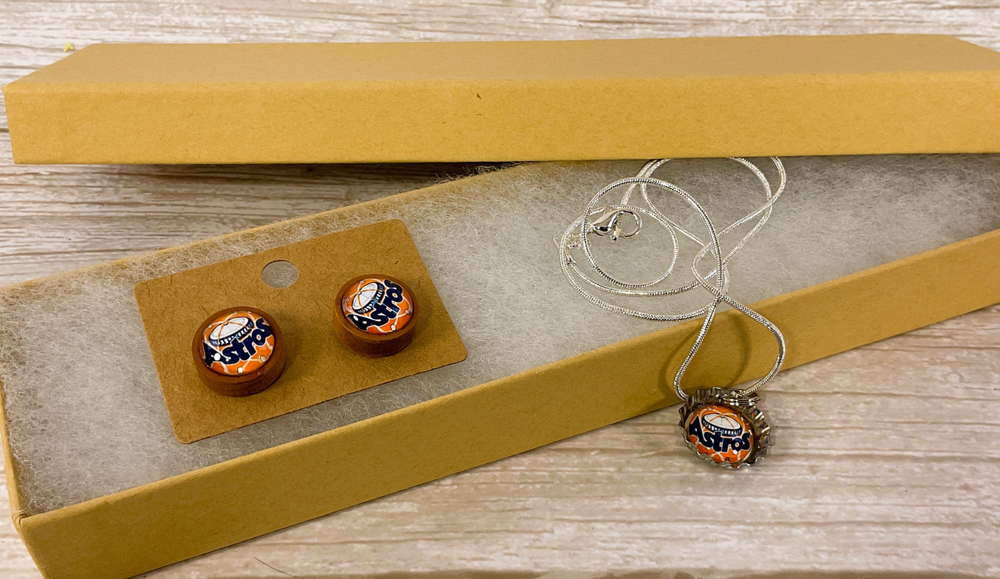 AGSD Novelty Jewelry -Mini Bottlecap Baseball Necklace and Pierced Earring Set