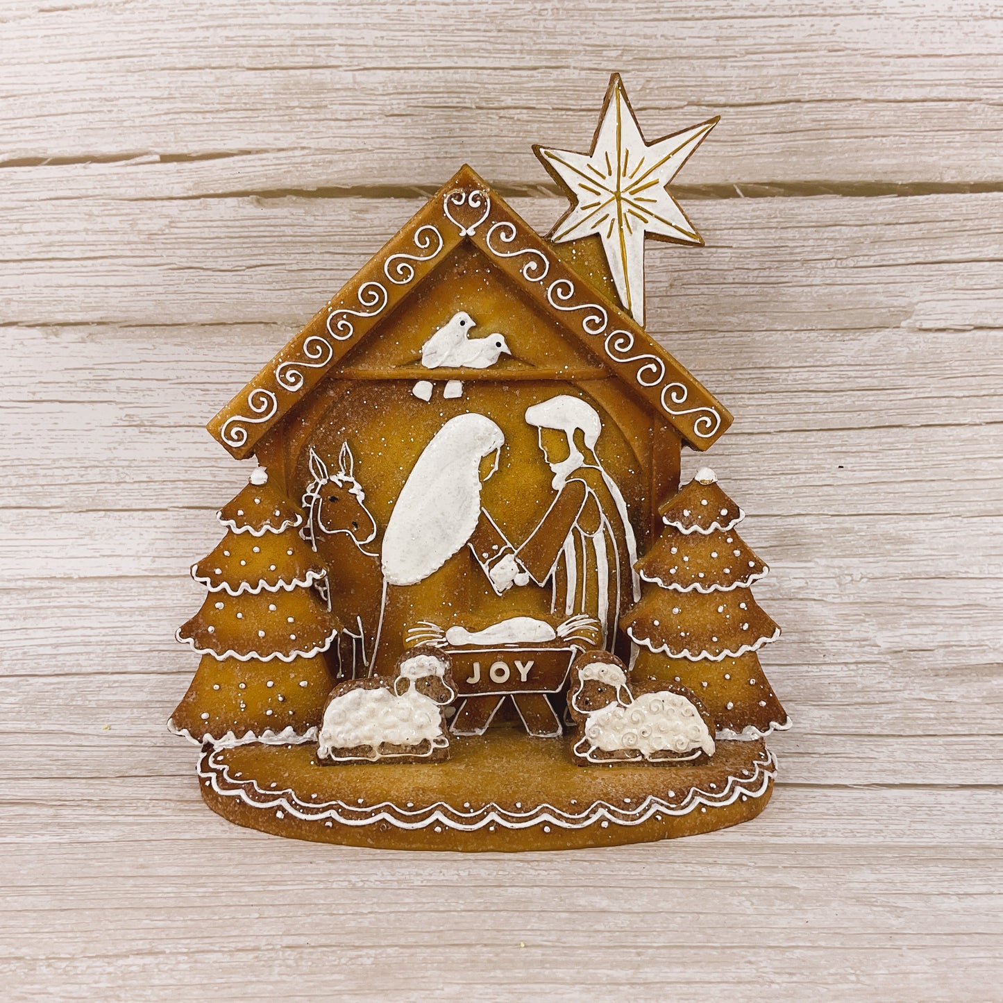 AGSD Christmas Decor - JOY Gingerbread Nativity Holy Family Stable Figurine