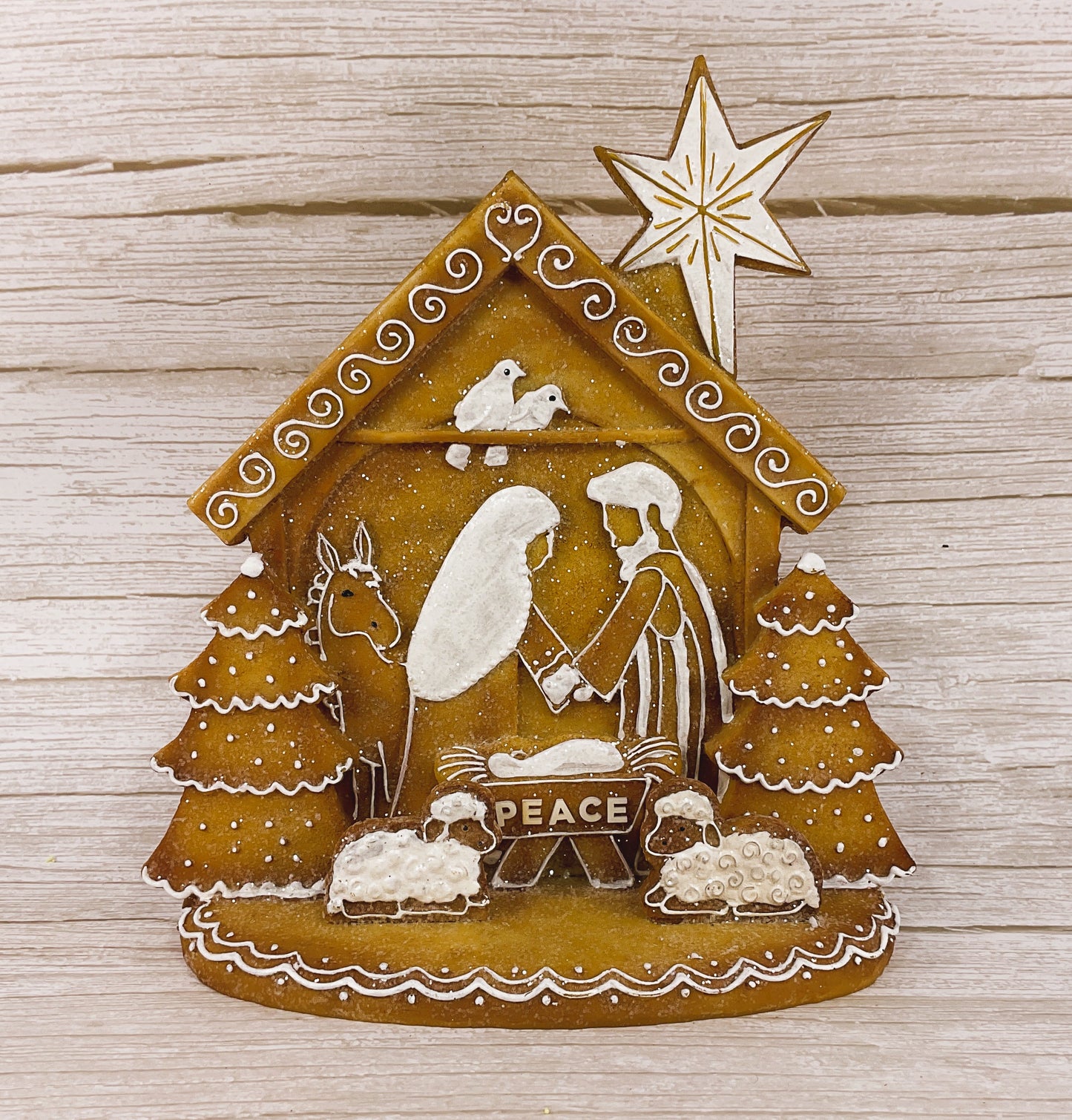AGSD Christmas Decor - PEACE Gingerbread Nativity Holy Family Stable Figurine