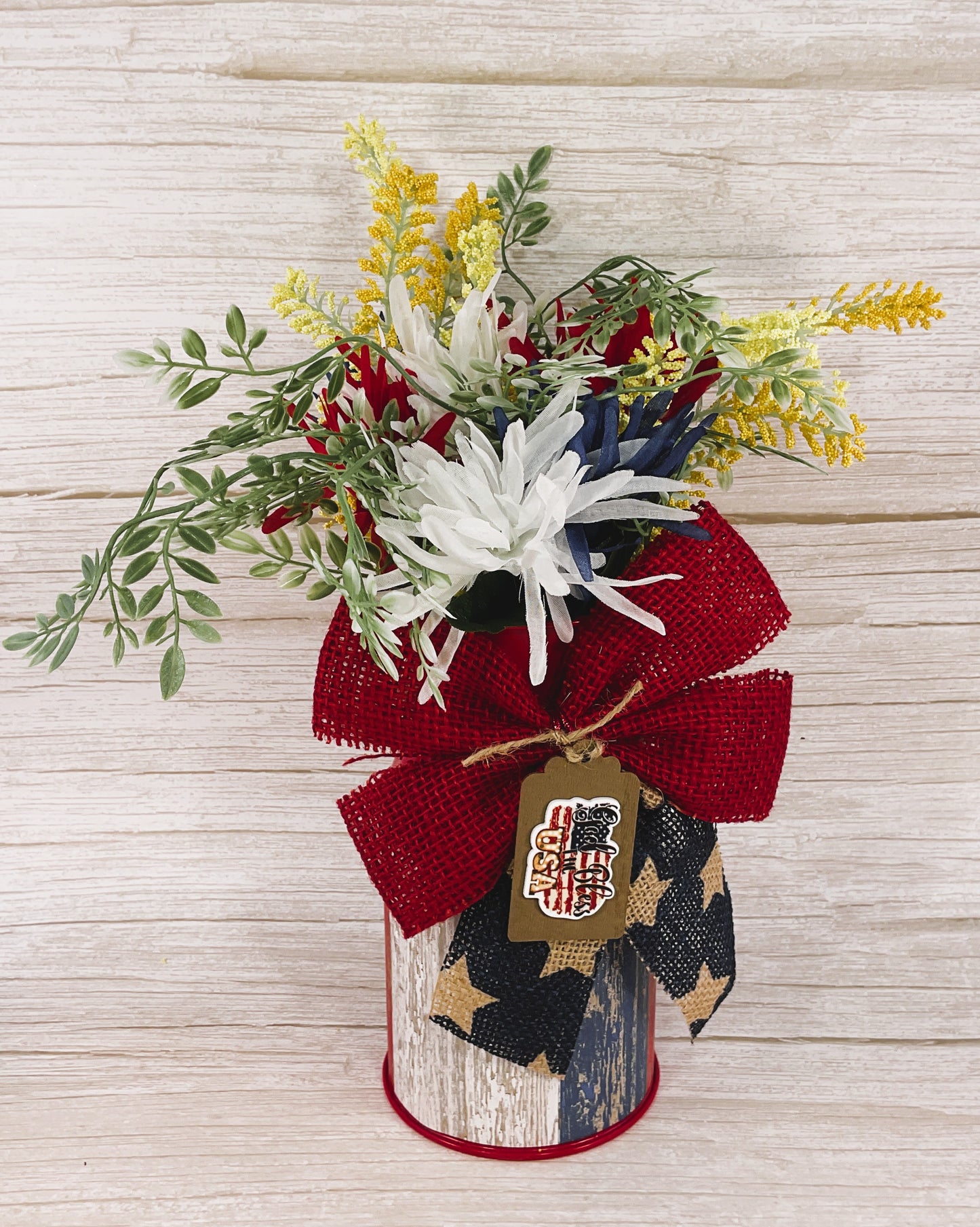 Patriotic God Bless USA Metal Milk Can Floral Arrangement – AGSD