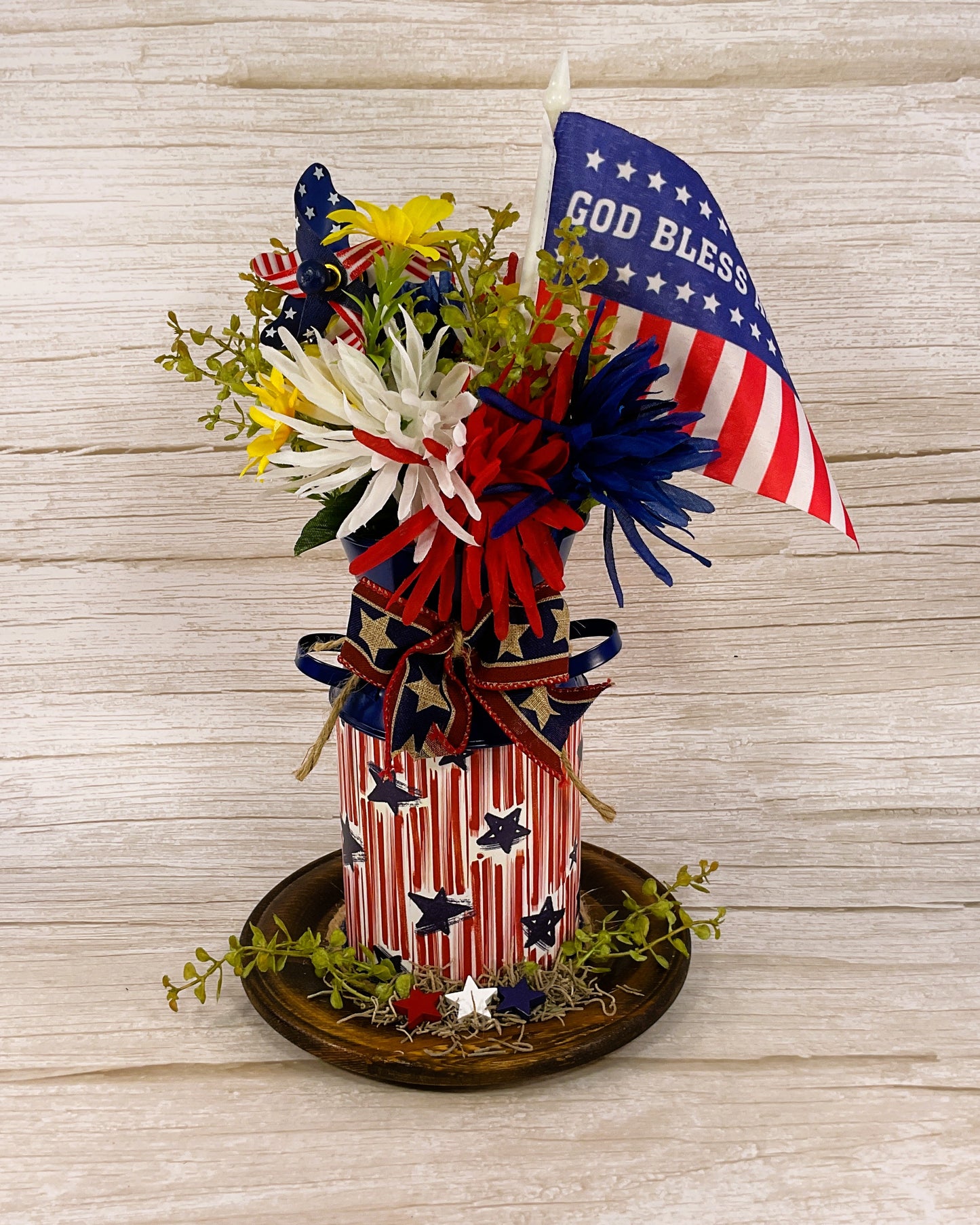AGSD Patriotic Decor - God Bless America Milk Can Flowers Display