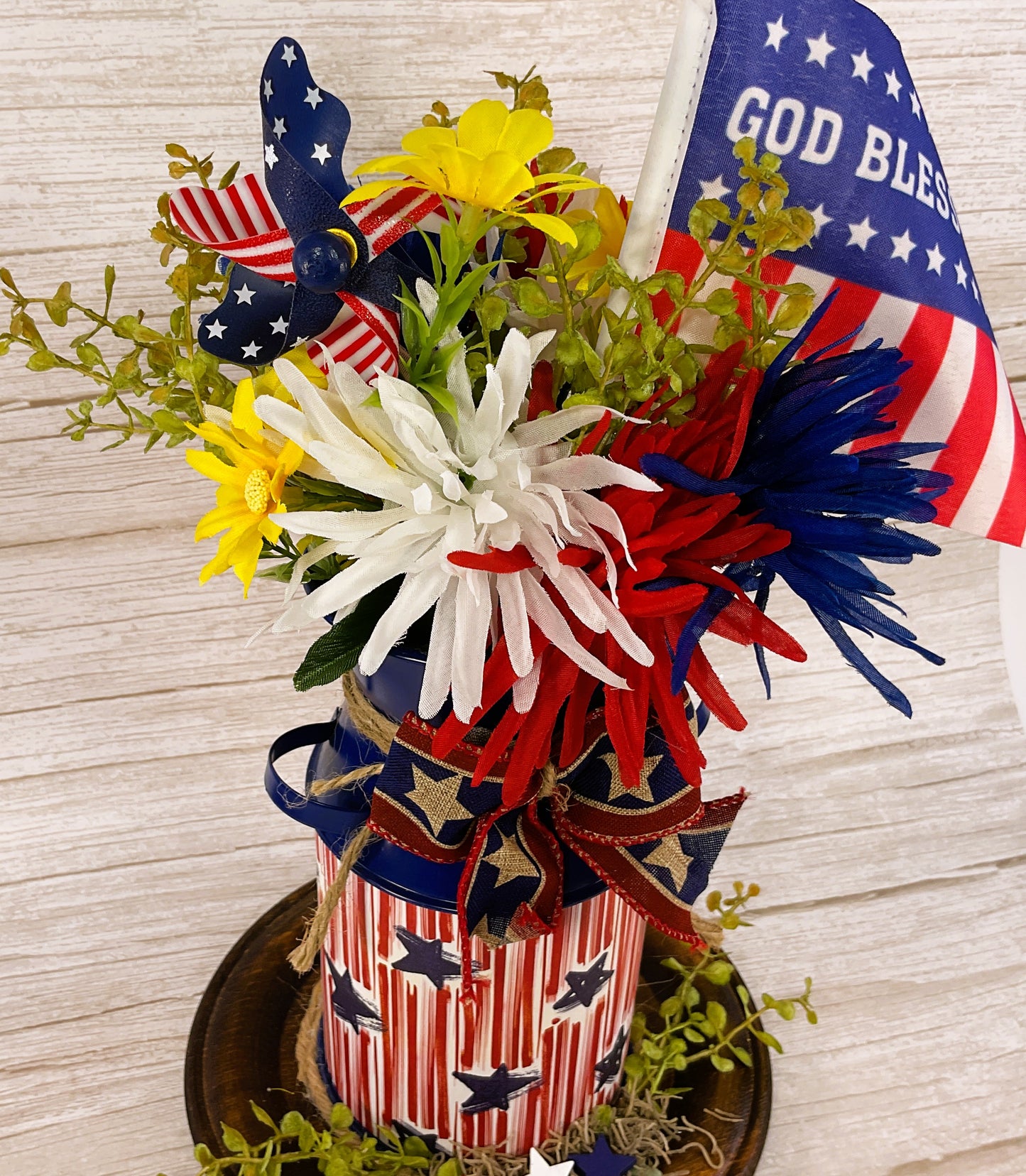 AGSD Patriotic Decor - God Bless America Milk Can Flowers Display