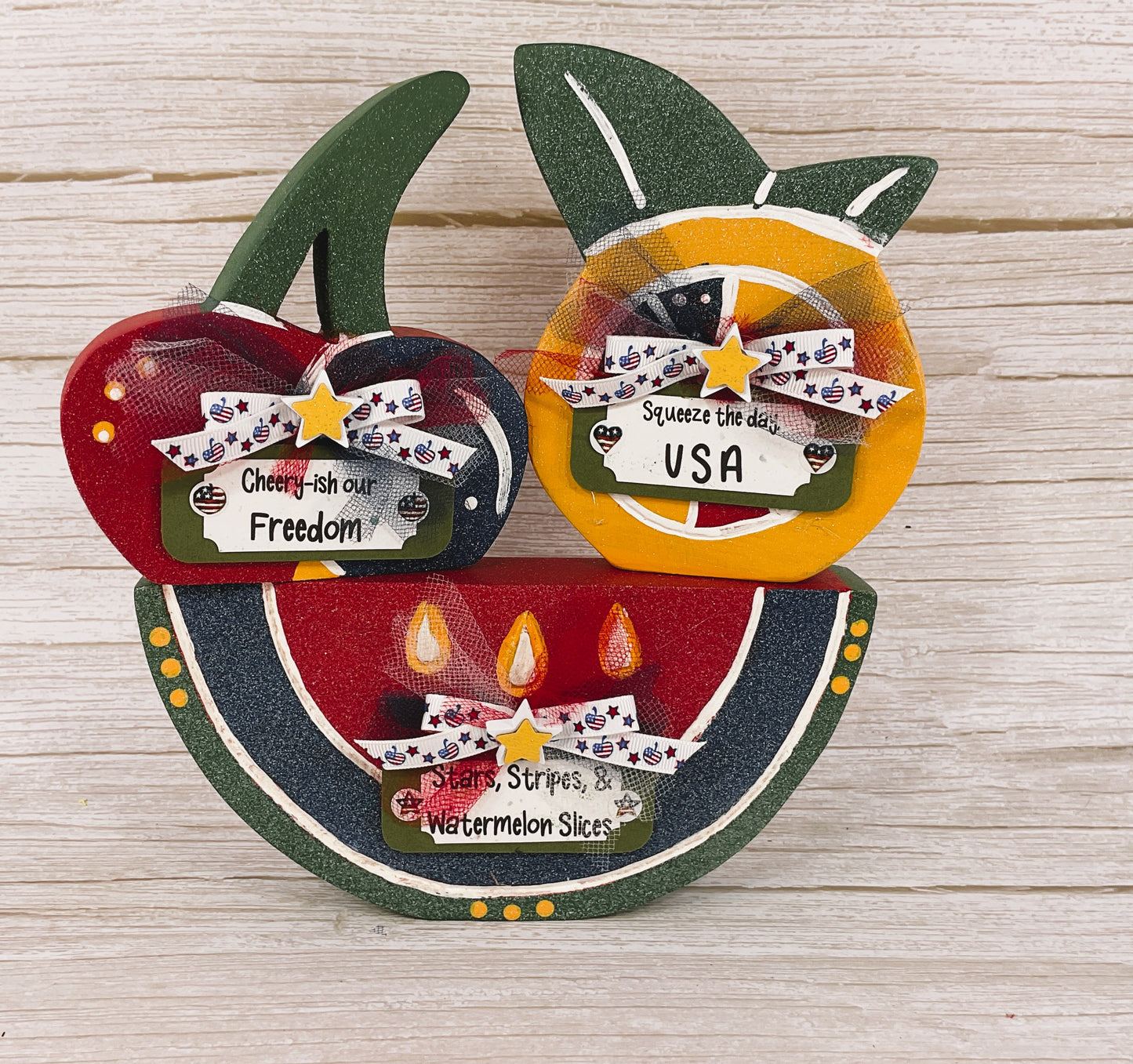 July 4th Patriotic Fruit Wood Sitters – Watermelon, Lemon & Cherry 3-Piece Set