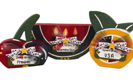 July 4th Patriotic Fruit Wood Sitters – Watermelon, Lemon & Cherry 3-Piece Set