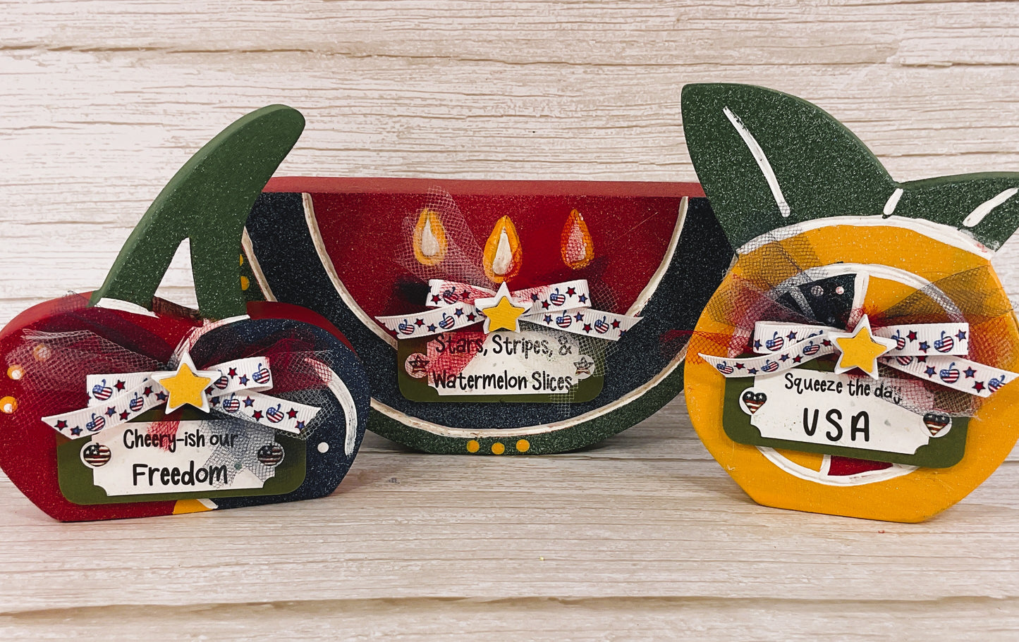 July 4th Patriotic Fruit Wood Sitters – Watermelon, Lemon & Cherry 3-Piece Set