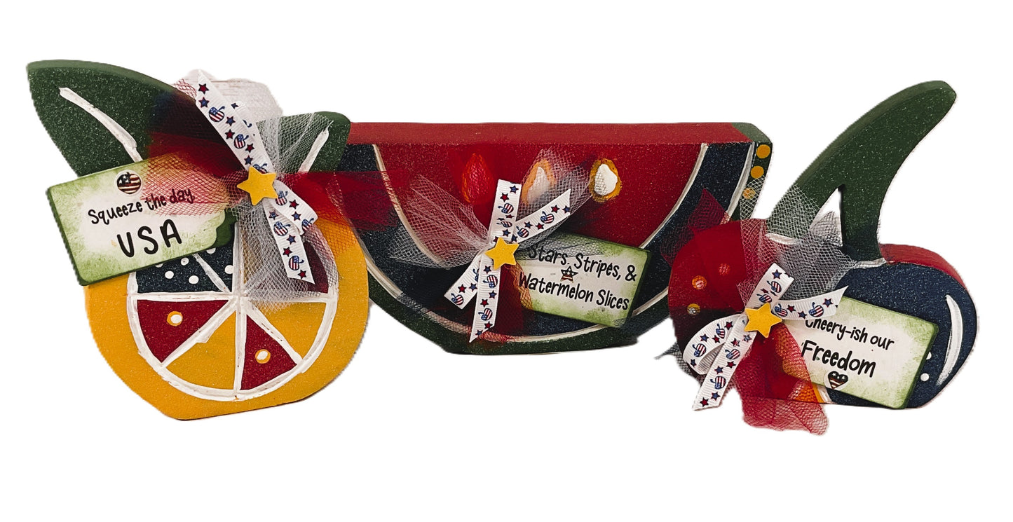 AGSD Patriotic Summer Decor - July 4th Watermelon Cherry Lemon Wood Sitters 3pc