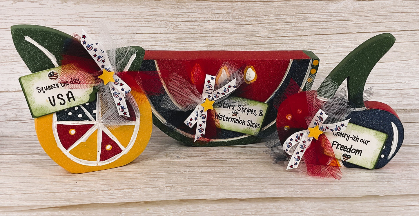 AGSD Patriotic Summer Decor - July 4th Watermelon Cherry Lemon Wood Sitters 3pc