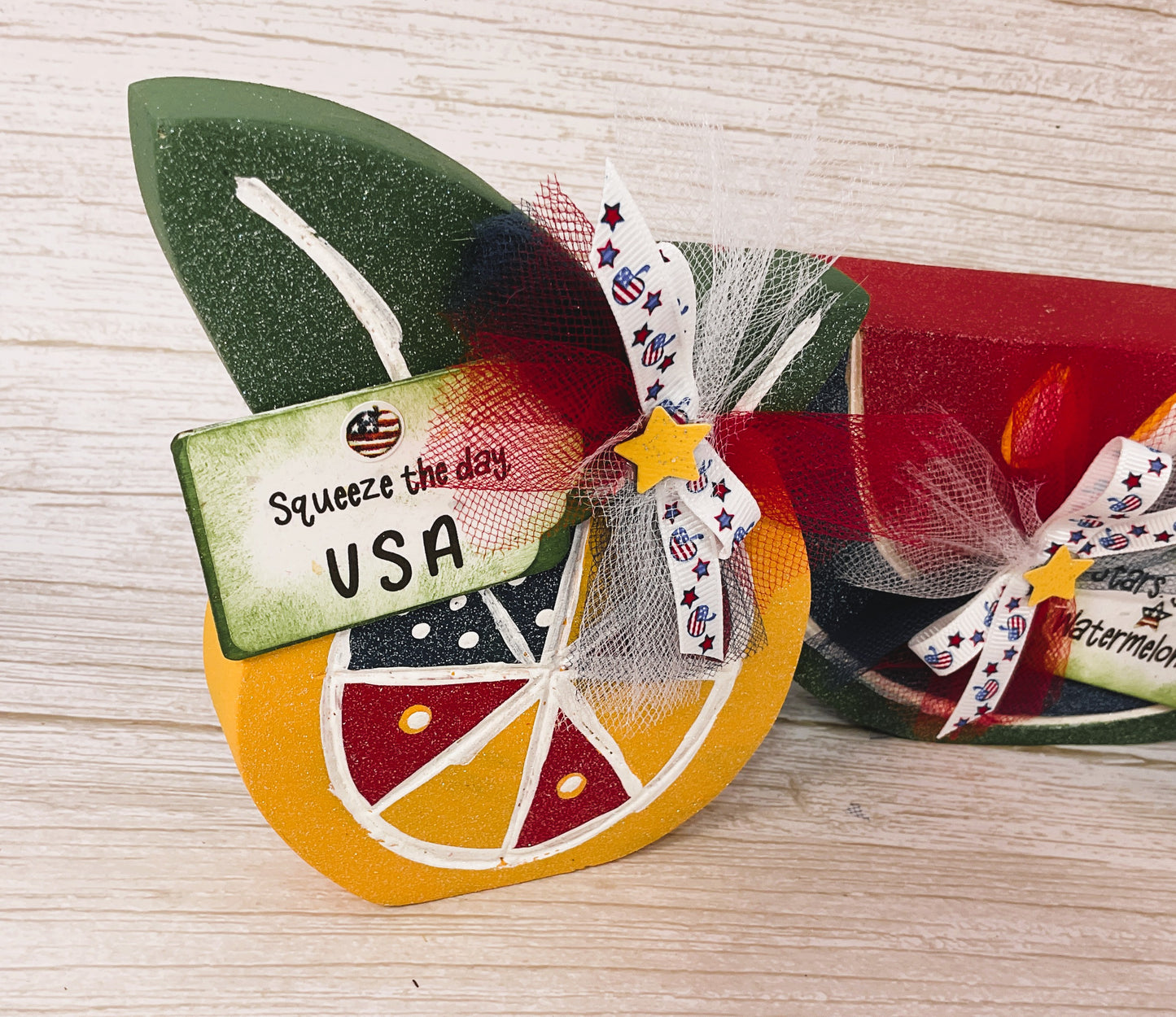 AGSD Patriotic Summer Decor - July 4th Watermelon Cherry Lemon Wood Sitters 3pc
