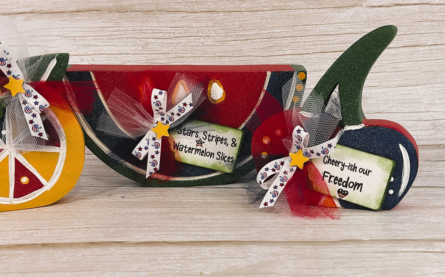 AGSD Patriotic Summer Decor - July 4th Watermelon Cherry Lemon Wood Sitters 3pc