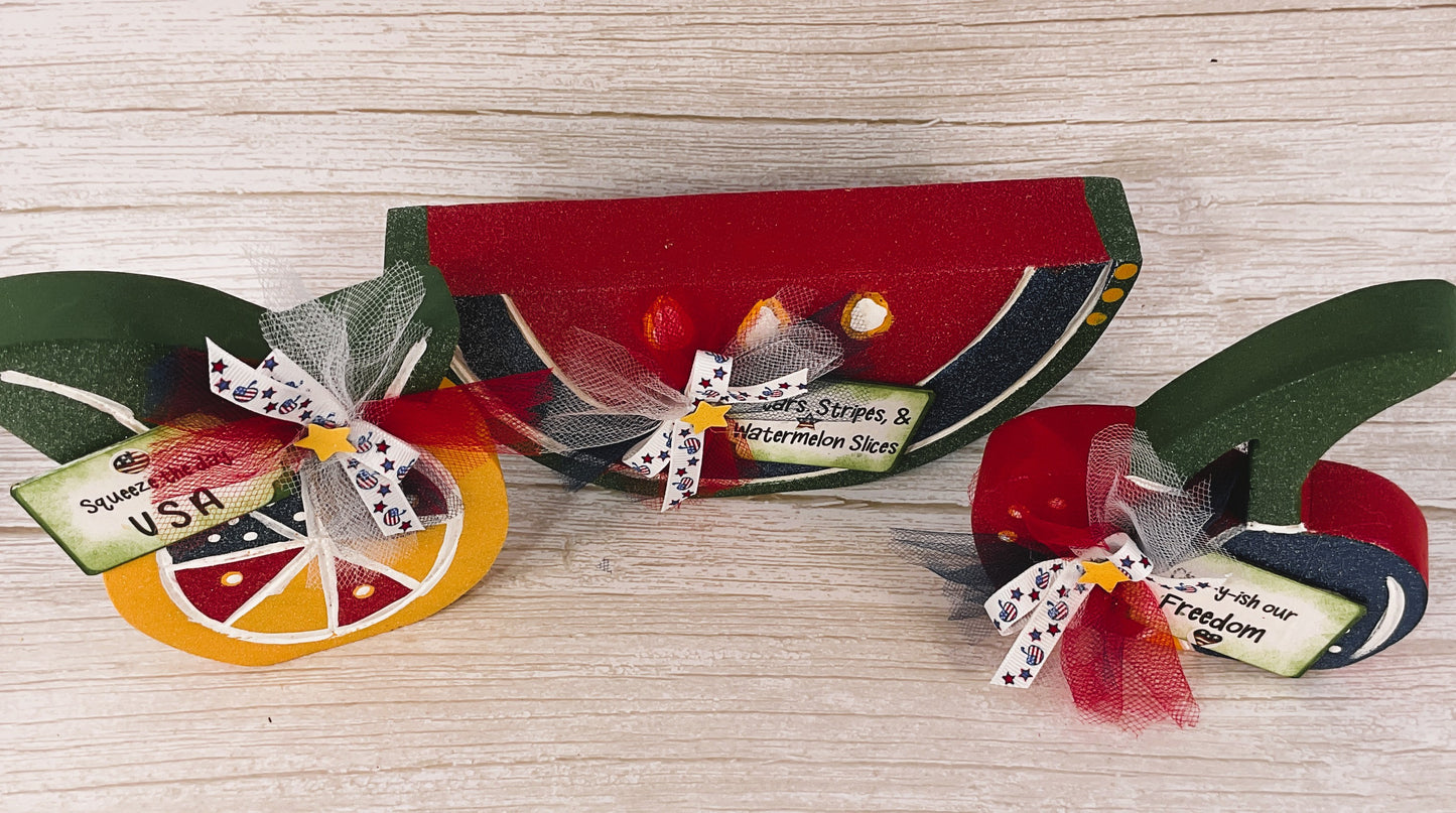 AGSD Patriotic Summer Decor - July 4th Watermelon Cherry Lemon Wood Sitters 3pc