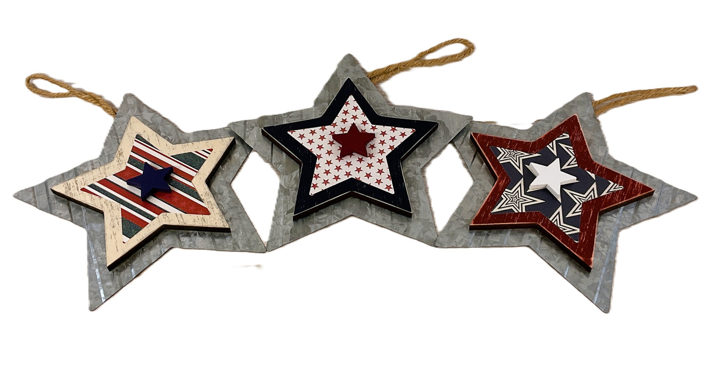 AGSD Patriotic Decor – July 4th Prim Galvanized 3-D Star Ornaments 3pc Set