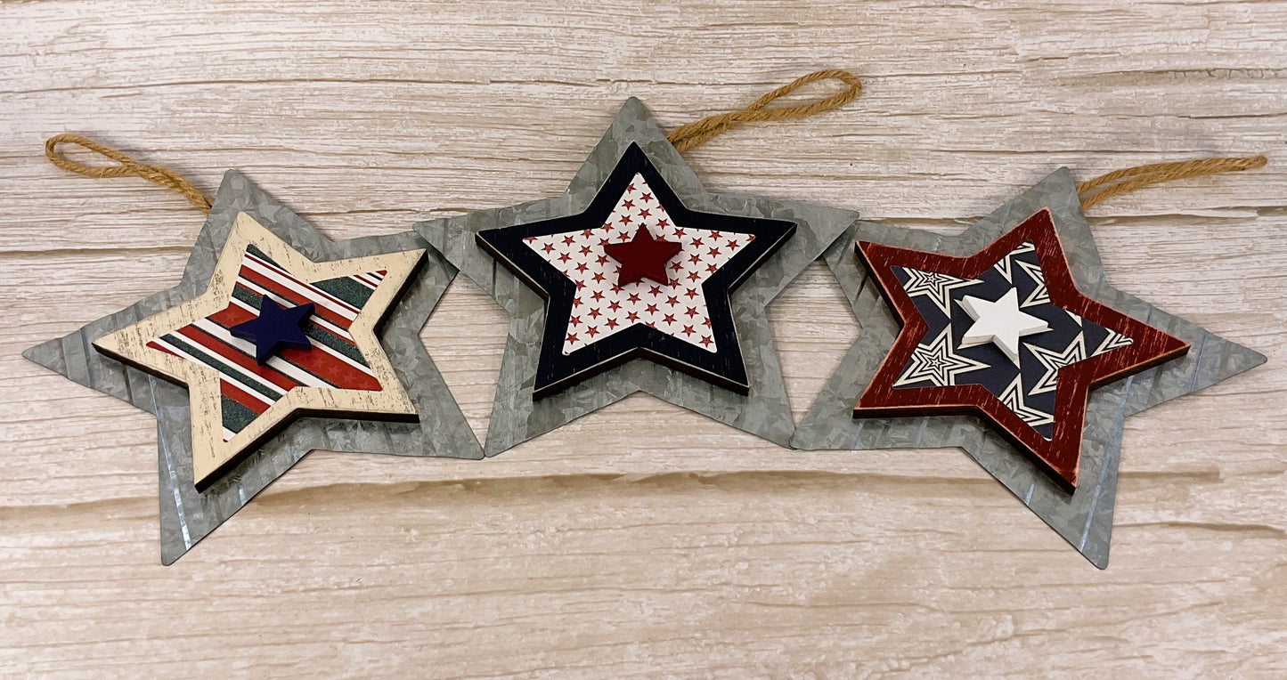 AGSD Patriotic Decor – July 4th Prim Galvanized 3-D Star Ornaments 3pc Set