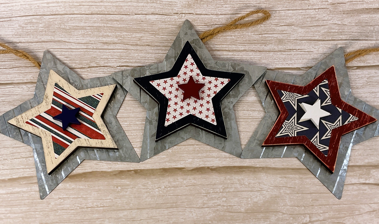 AGSD Patriotic Decor – July 4th Prim Galvanized 3-D Star Ornaments 3pc Set