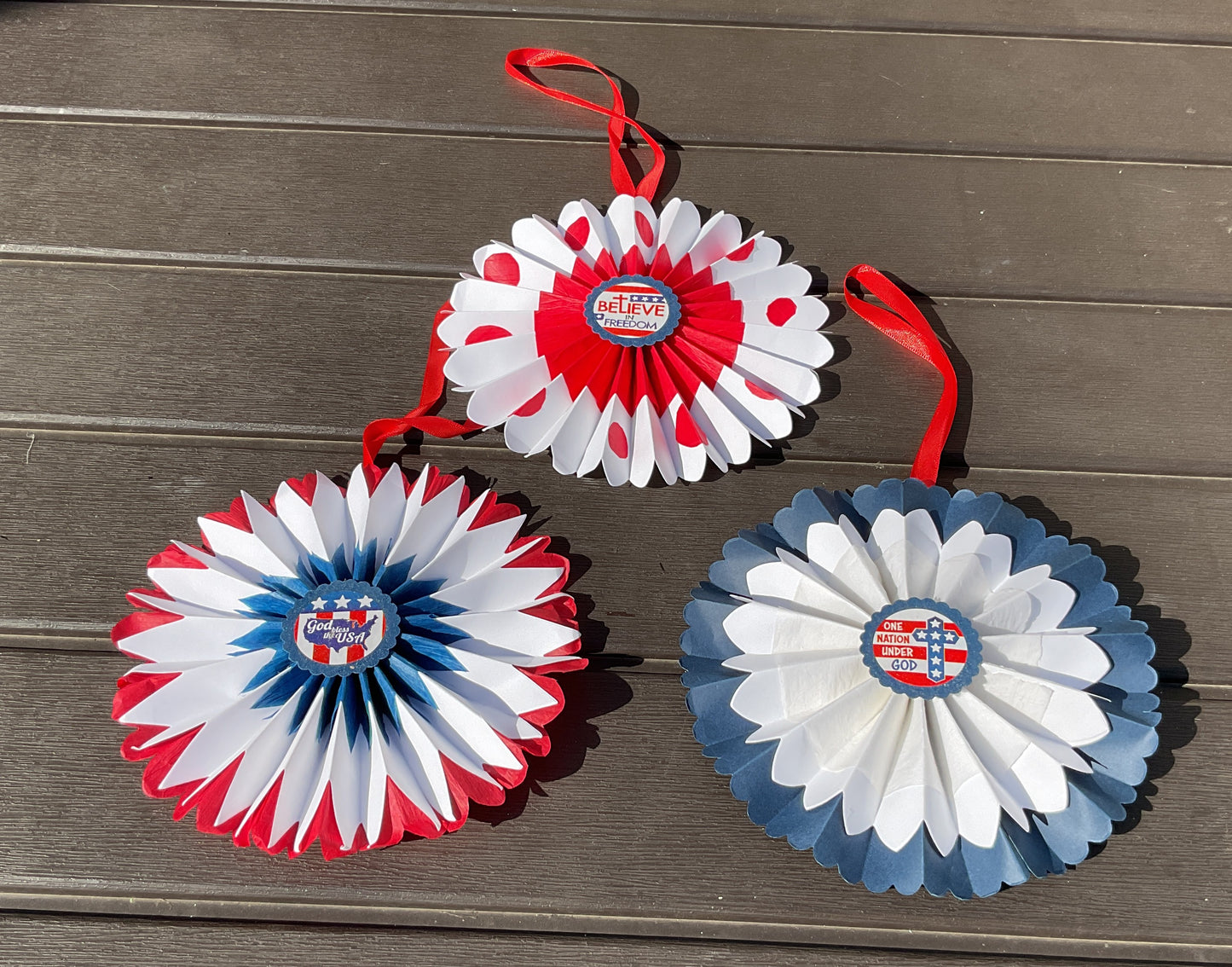 Patriotic Handmade Large Paper Flower Ornaments with Faith Embellishment – 3-Piece Set