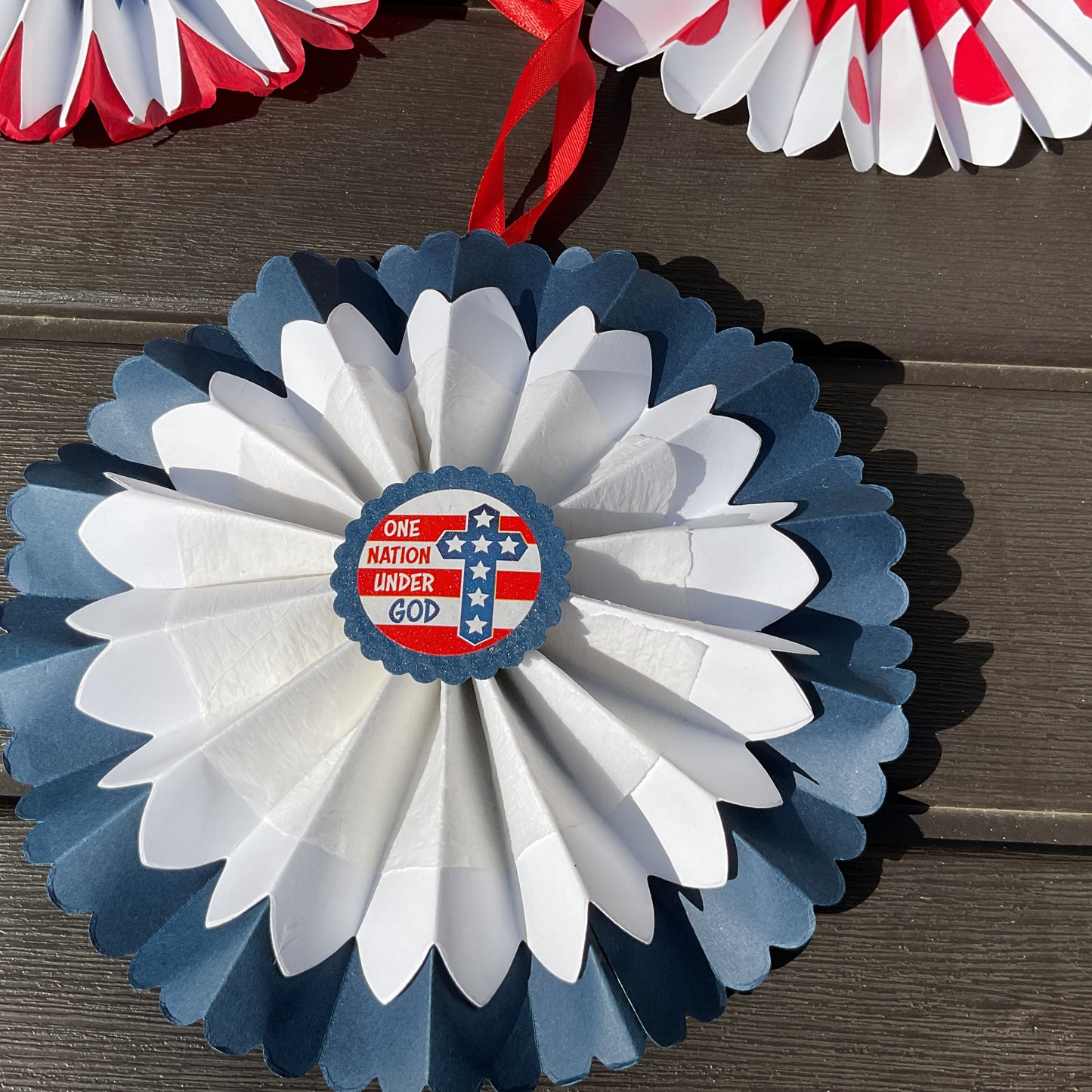 Patriotic Handmade Large Paper Flower Ornaments with Faith Embellishment – 3-Piece Set