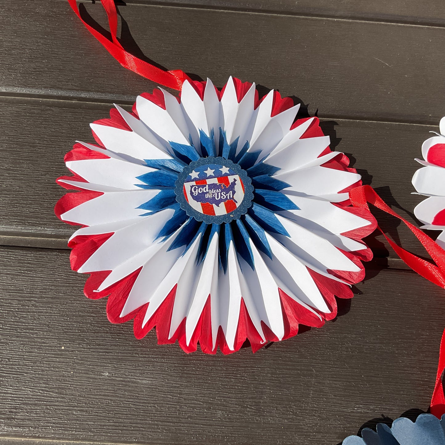 Patriotic Handmade Large Paper Flower Ornaments with Faith Embellishment – 3-Piece Set