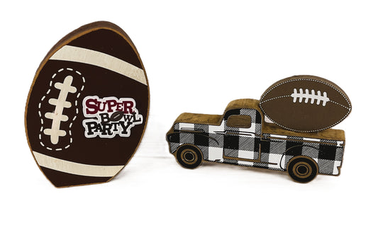 AGSD Fall Decor - Superbowl Party Football Themed Chunky Wood Decor 2pc Set