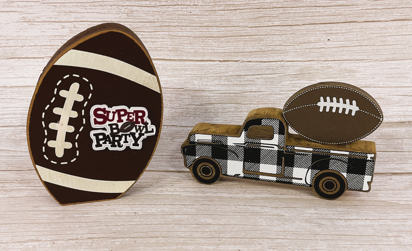 AGSD Fall Decor - Superbowl Party Football Themed Chunky Wood Decor 2pc Set