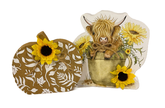 AGSD Fall Decor - Highland Cow Sunflower Pumpkin Chuck Wood Sitters