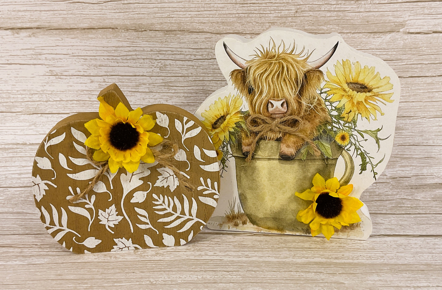 AGSD Fall Decor - Highland Cow Sunflower Pumpkin Chuck Wood Sitters