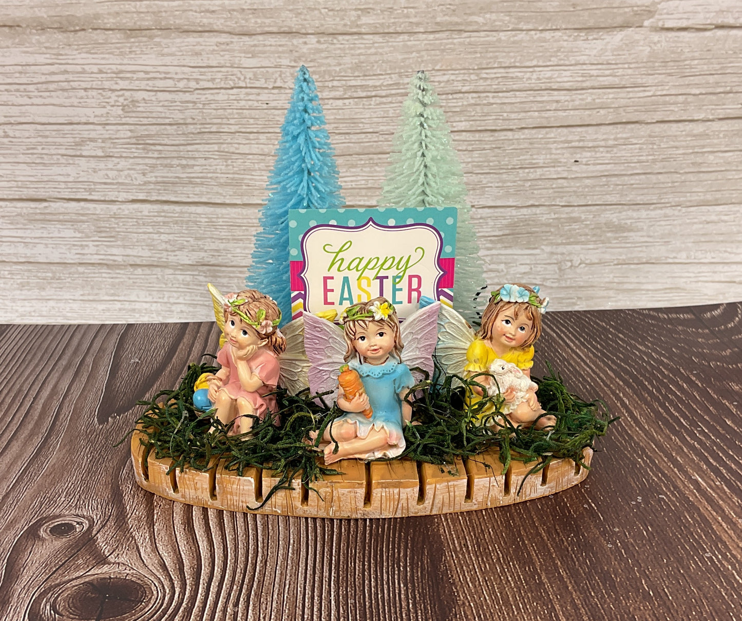 Easter Spring Fairy Garden Resin Figurine Display on Faux Wood Base