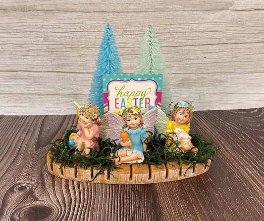 Easter Spring Fairy Garden Resin Figurine Display on Faux Wood Base