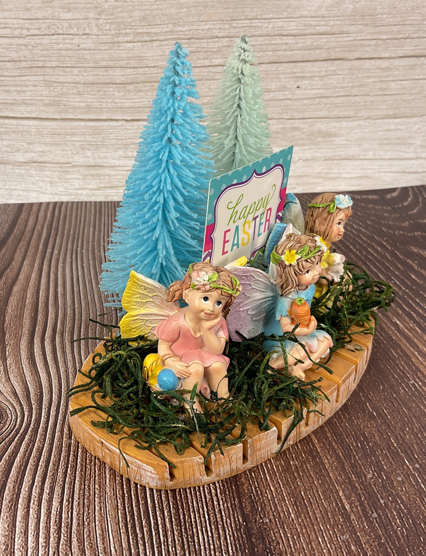 Easter Spring Fairy Garden Resin Figurine Display on Faux Wood Base