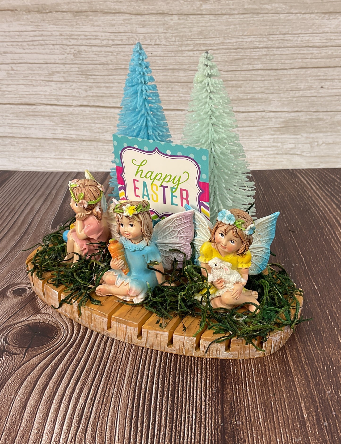 Easter Spring Fairy Garden Resin Figurine Display on Faux Wood Base