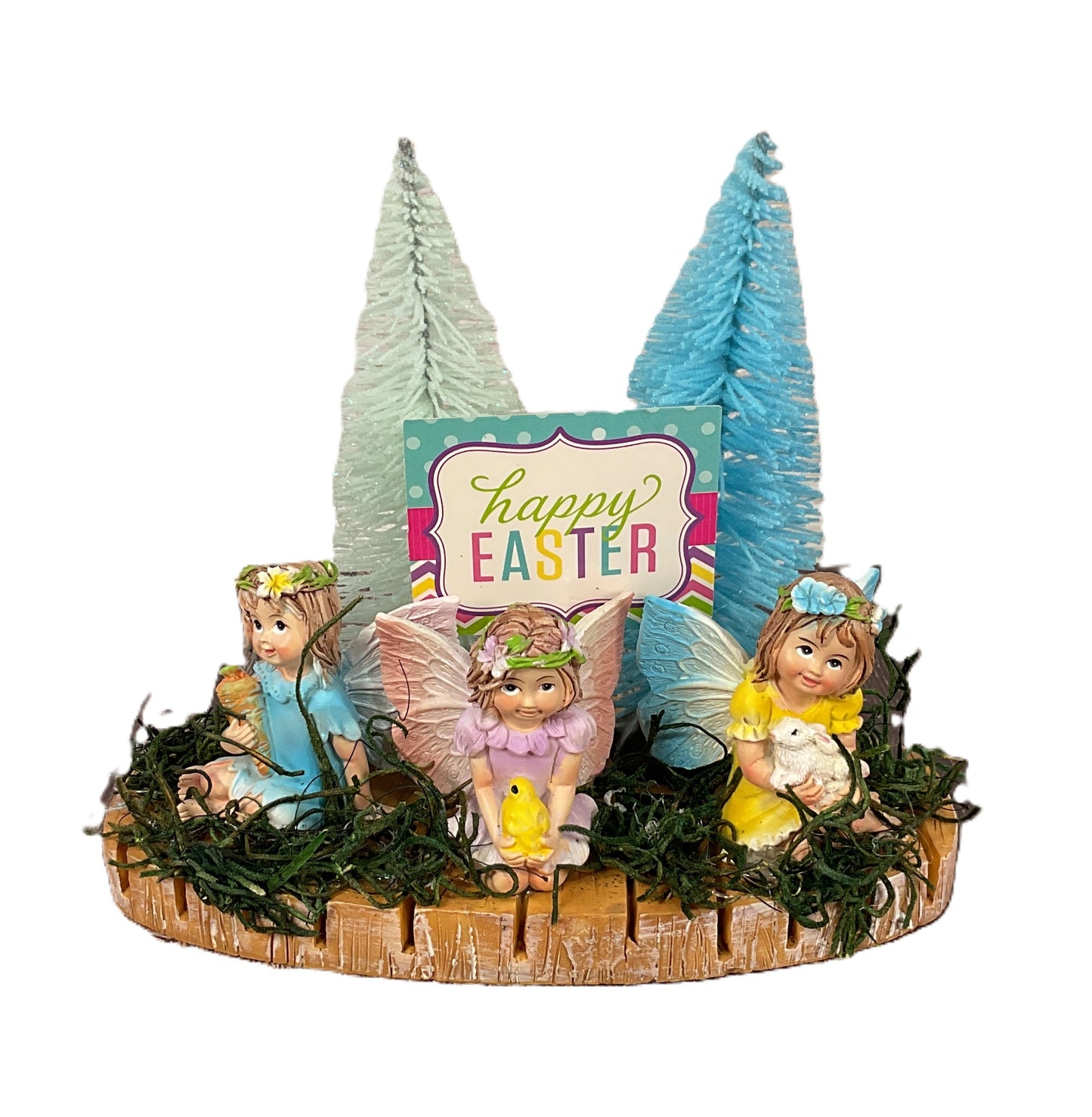 Easter Spring Fairy Garden Resin Figurine Scene on Faux Wood Base