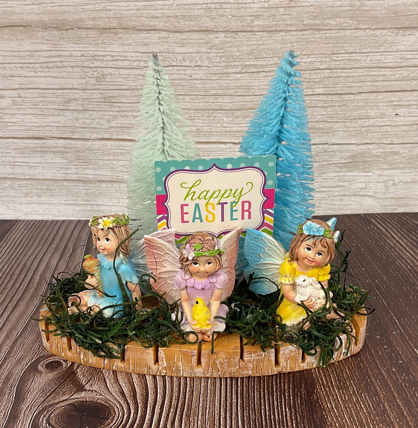 Easter Spring Fairy Garden Resin Figurine Scene on Faux Wood Base