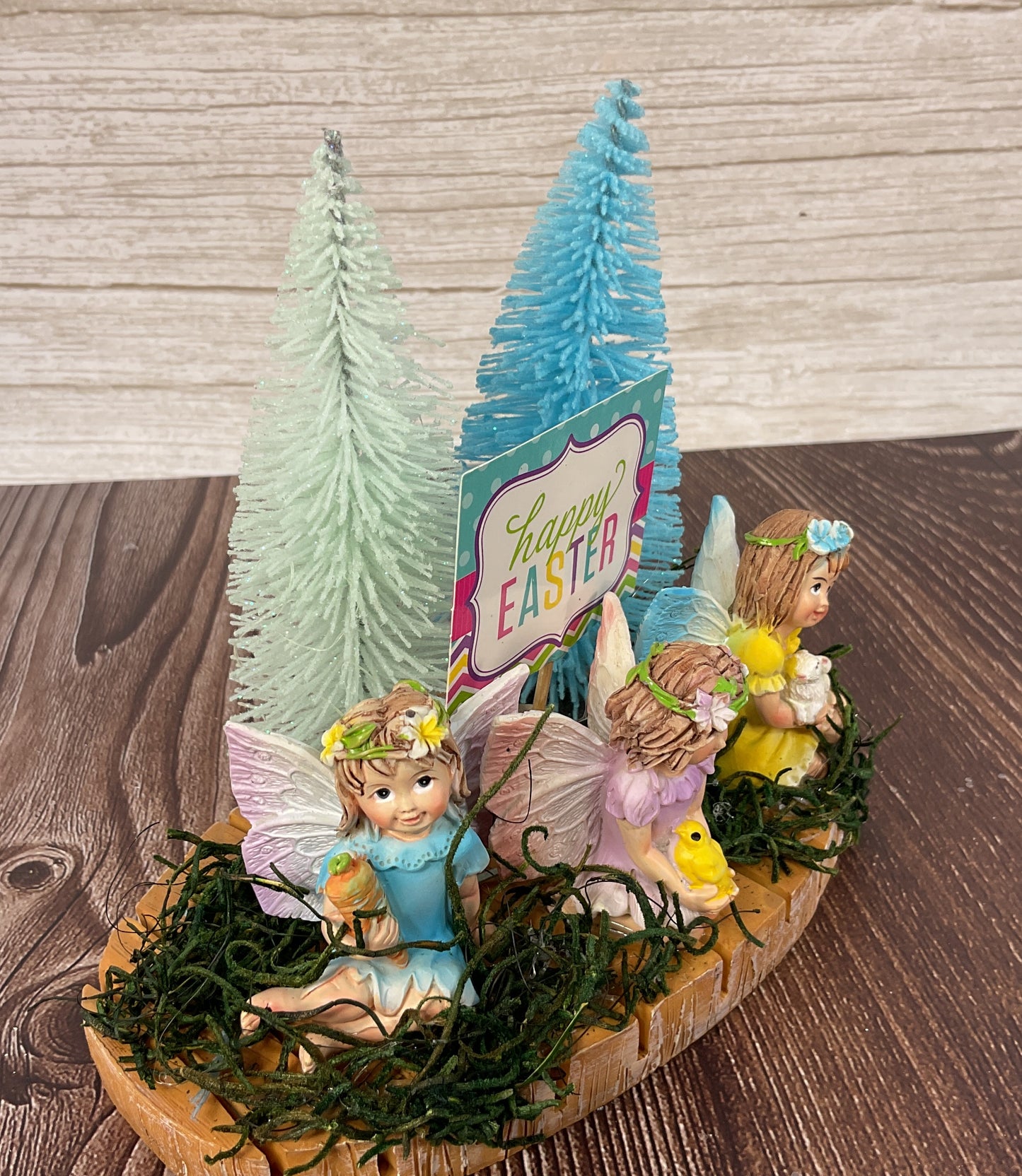 Easter Spring Fairy Garden Resin Figurine Scene on Faux Wood Base