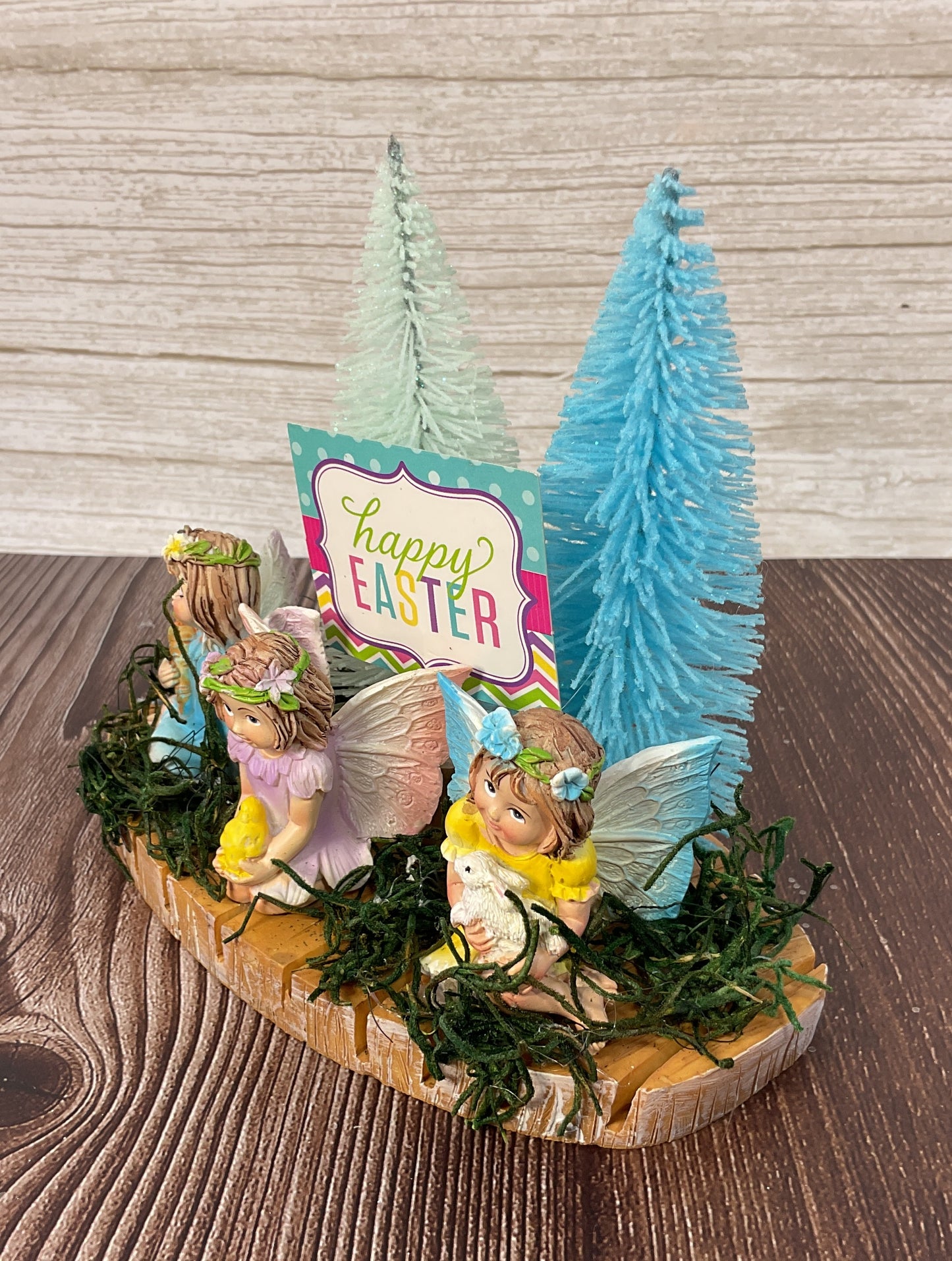 Easter Spring Fairy Garden Resin Figurine Scene on Faux Wood Base