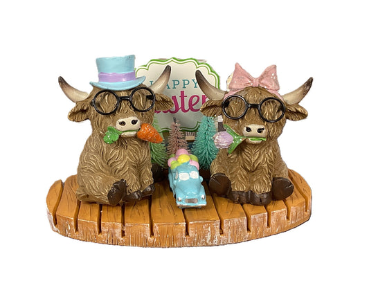 Easter Spring Highland Cow Resin Figurine Display on Faux Wood Base
