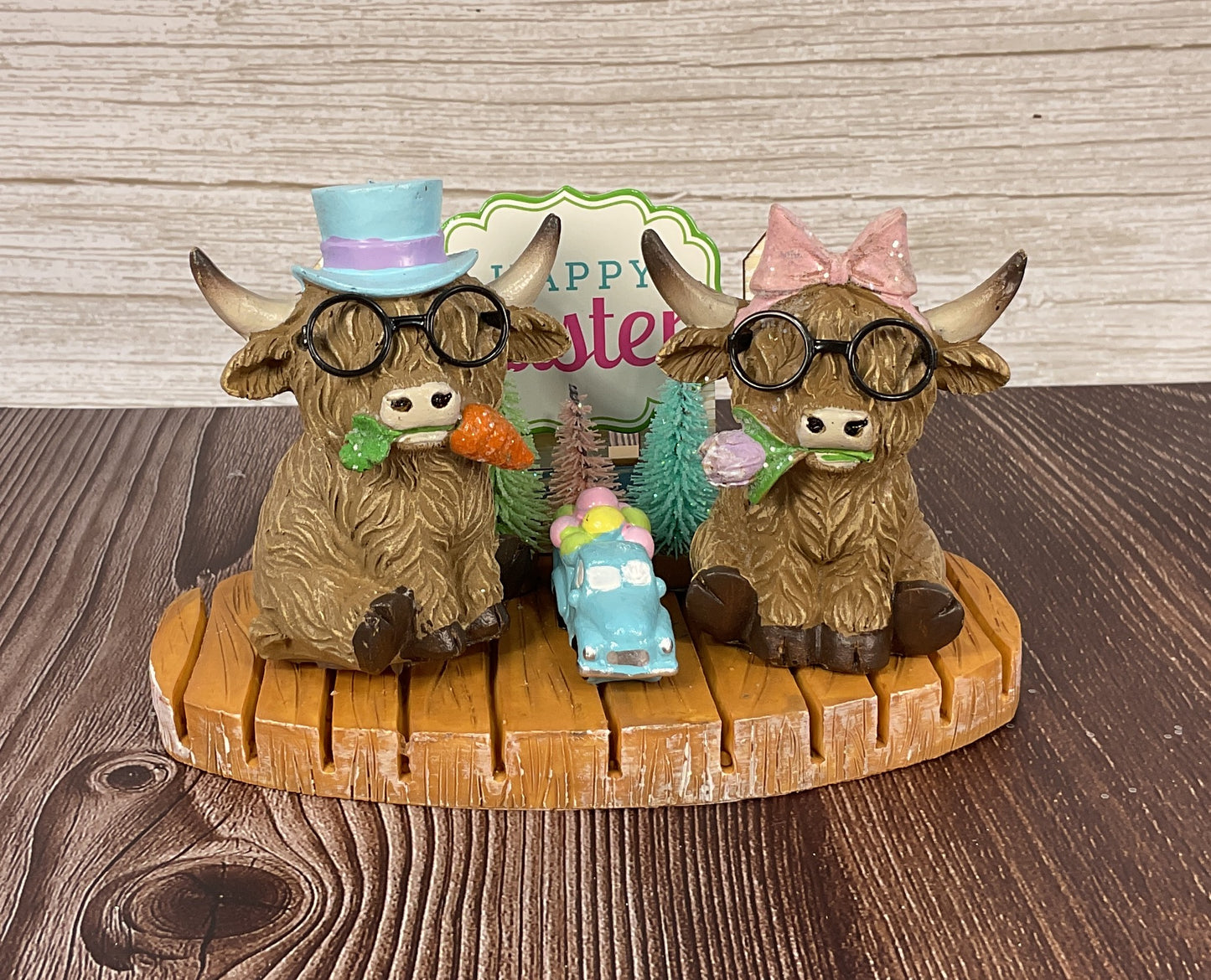 Easter Spring Highland Cow Resin Figurine Display on Faux Wood Base
