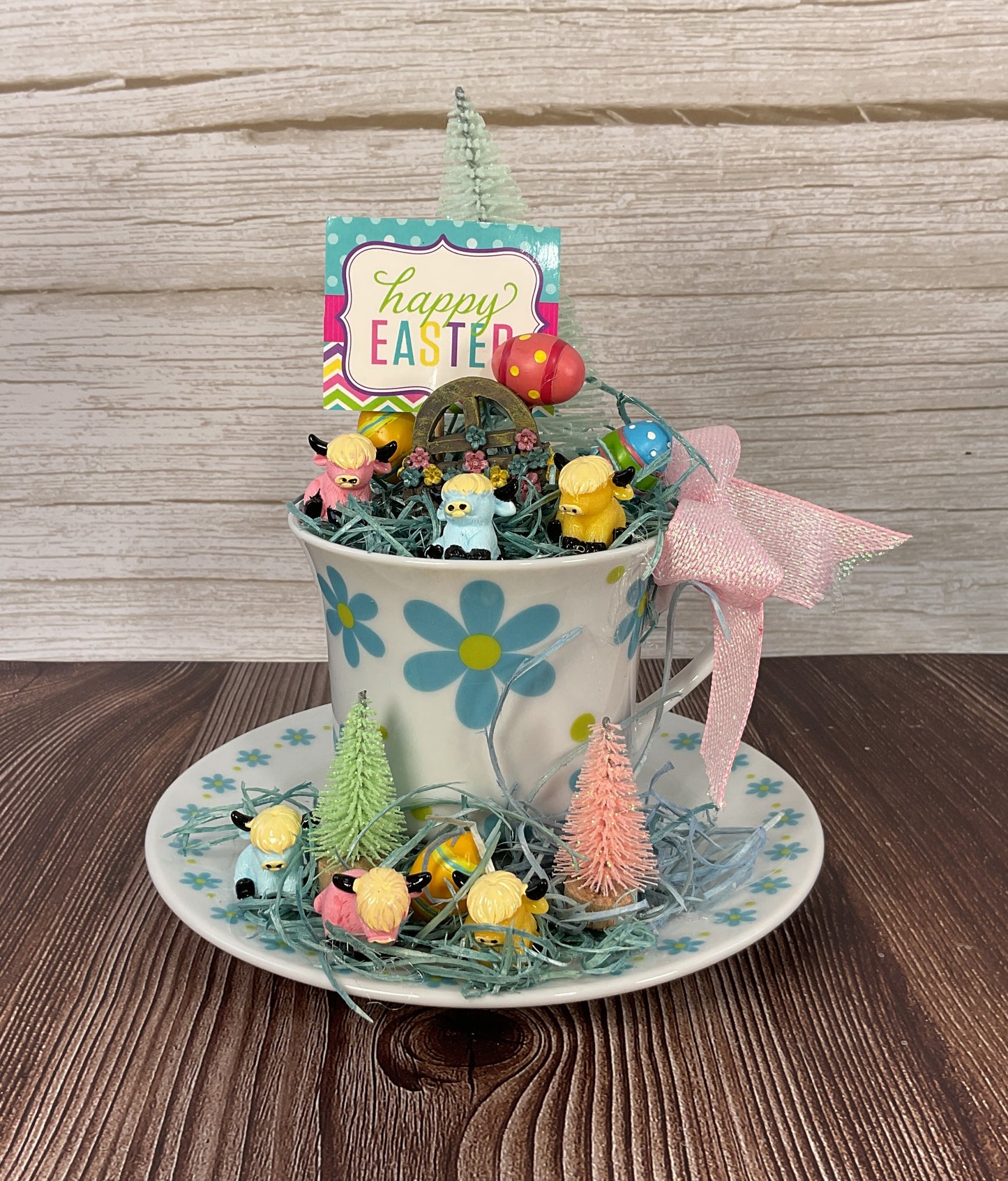 AGSD Spring Decor – Pastel Fairy Garden Highland Cow Floral Blue Teacup