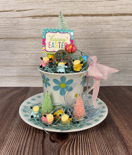 Spring Decor – Pastel Fairy Garden Highland Cow Floral Blue Teacup
