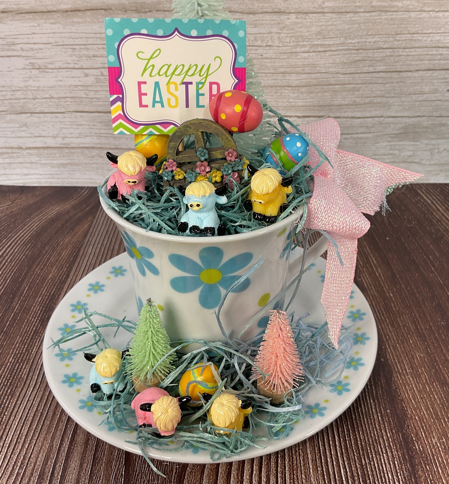 AGSD Spring Decor – Pastel Fairy Garden Highland Cow Floral Blue Teacup