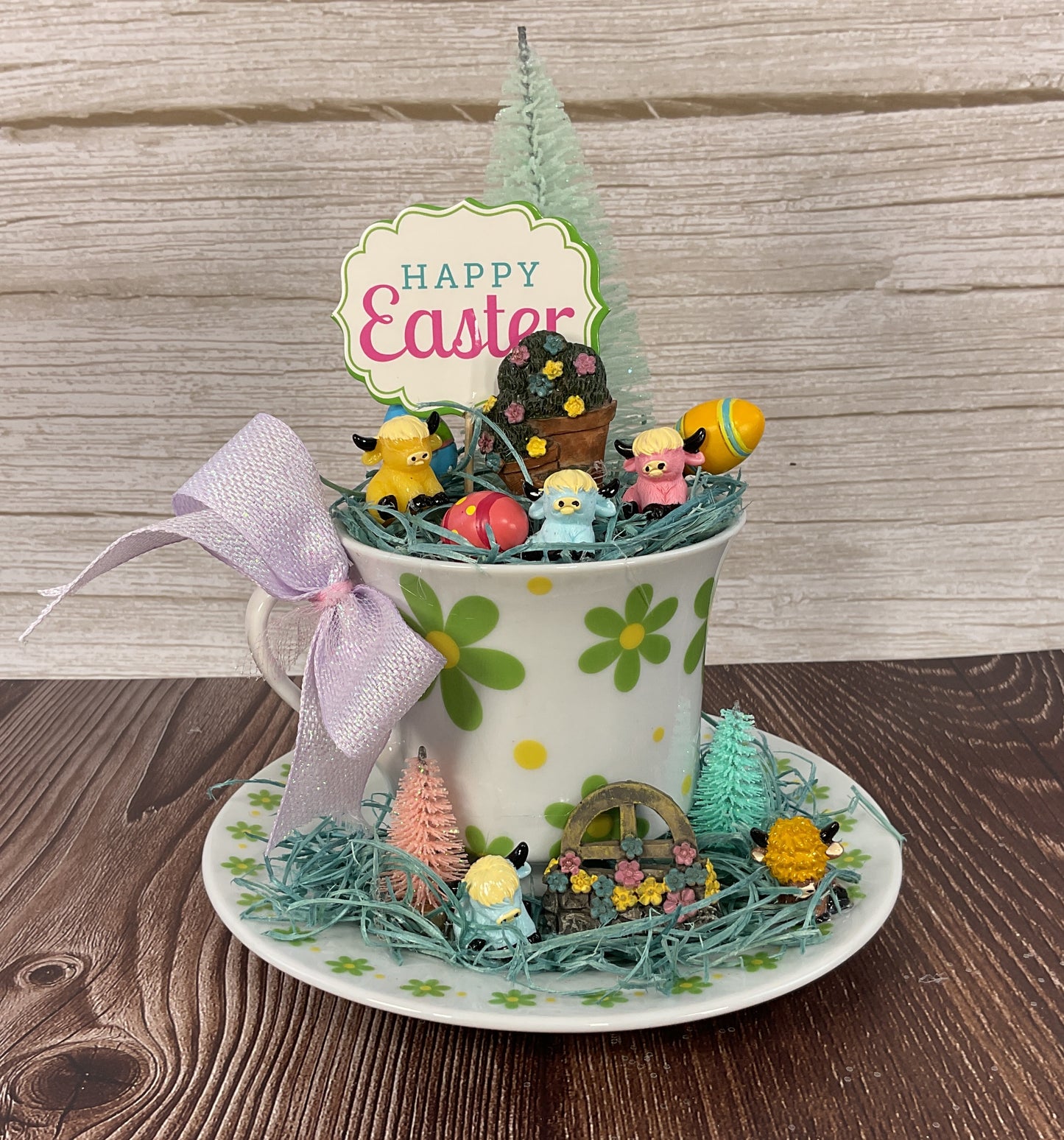 AGSD Spring Decor – Pastel Fairy Garden Highland Cow Floral Green Teacup
