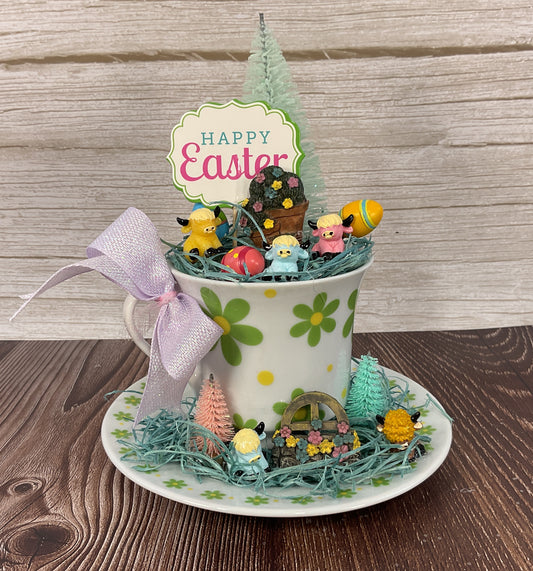 AGSD Spring Decor – Pastel Fairy Garden Highland Cow Floral Green Teacup