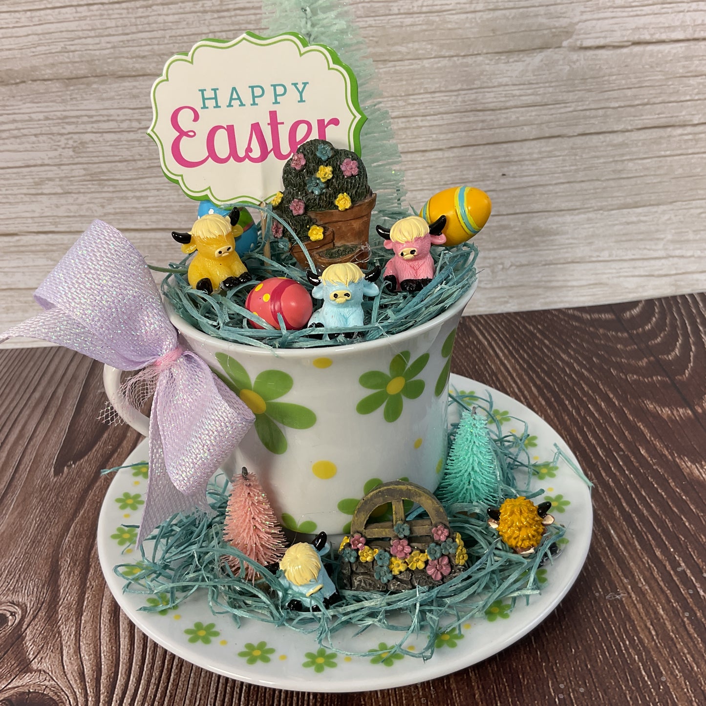 AGSD Spring Decor – Pastel Fairy Garden Highland Cow Floral Green Teacup