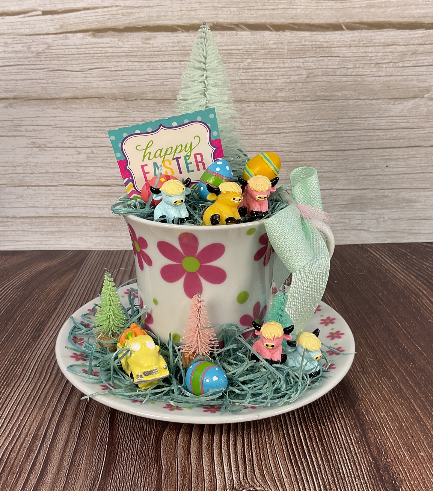 AGSD Spring Decor – Pastel Fairy Garden Highland Cow Pink Floral Teacup