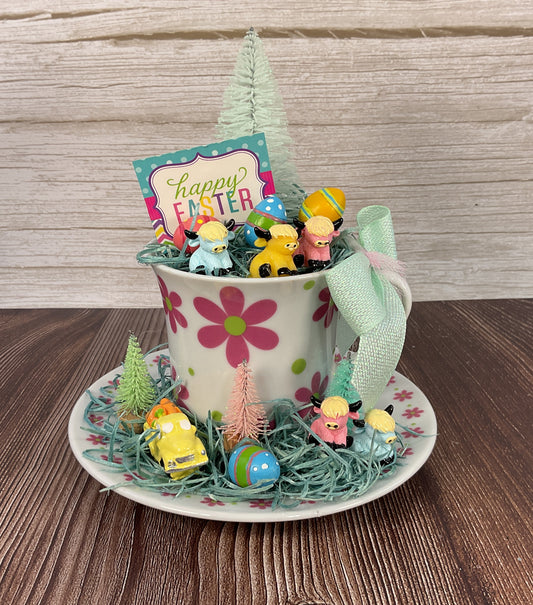 AGSD Spring Decor – Pastel Fairy Garden Highland Cow Pink Floral Teacup