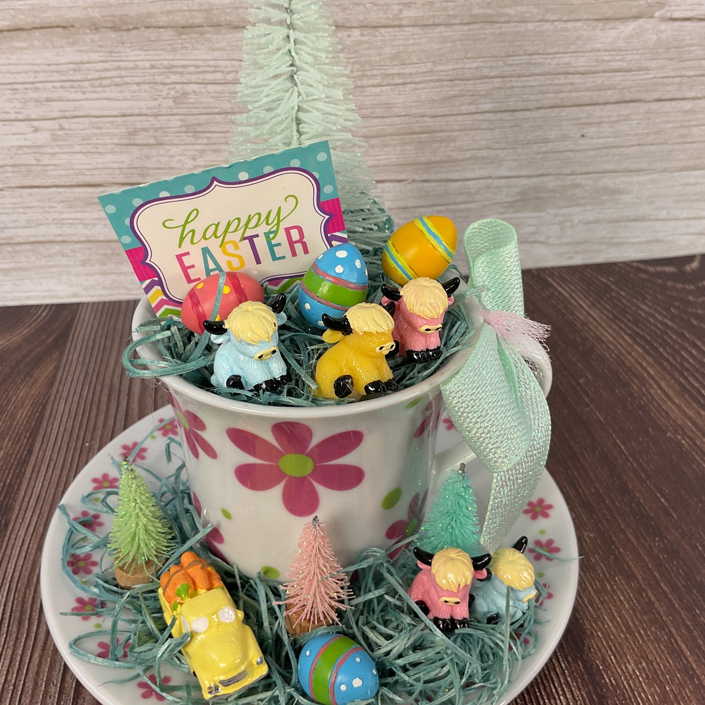 AGSD Spring Decor – Pastel Fairy Garden Highland Cow Pink Floral Teacup