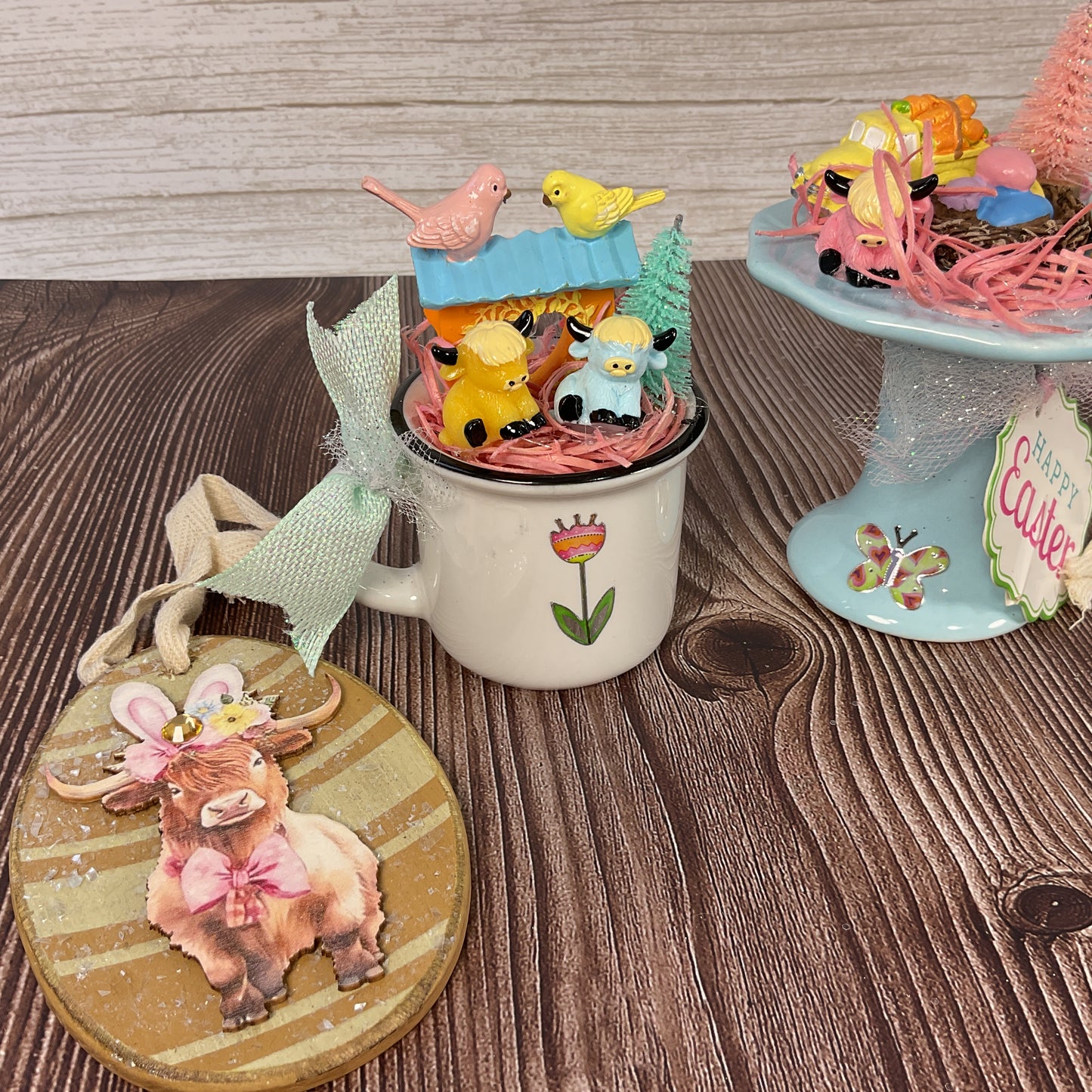 AGSD Spring Decor – Pastel Fairy Garden Highland Cow Floral Teacup Set