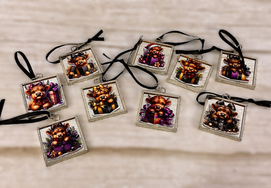 AGSD Christmas Decor - Deep Colors Highland Cow Mirror Ornaments 9pc Set