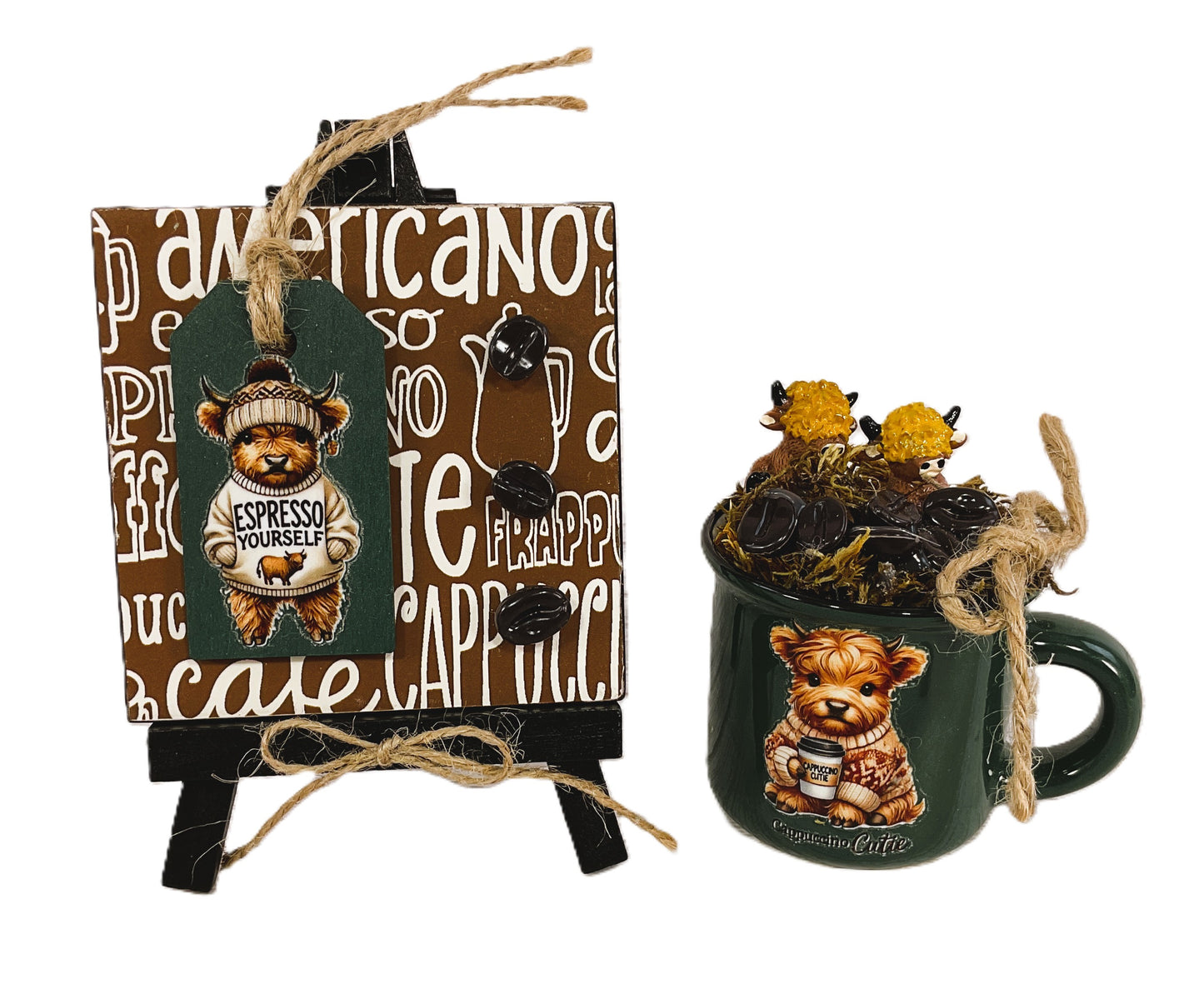 AGSD Fall Home Decor - Highland Cow Faux Coffee Mini Mug & Sign 2pc Set