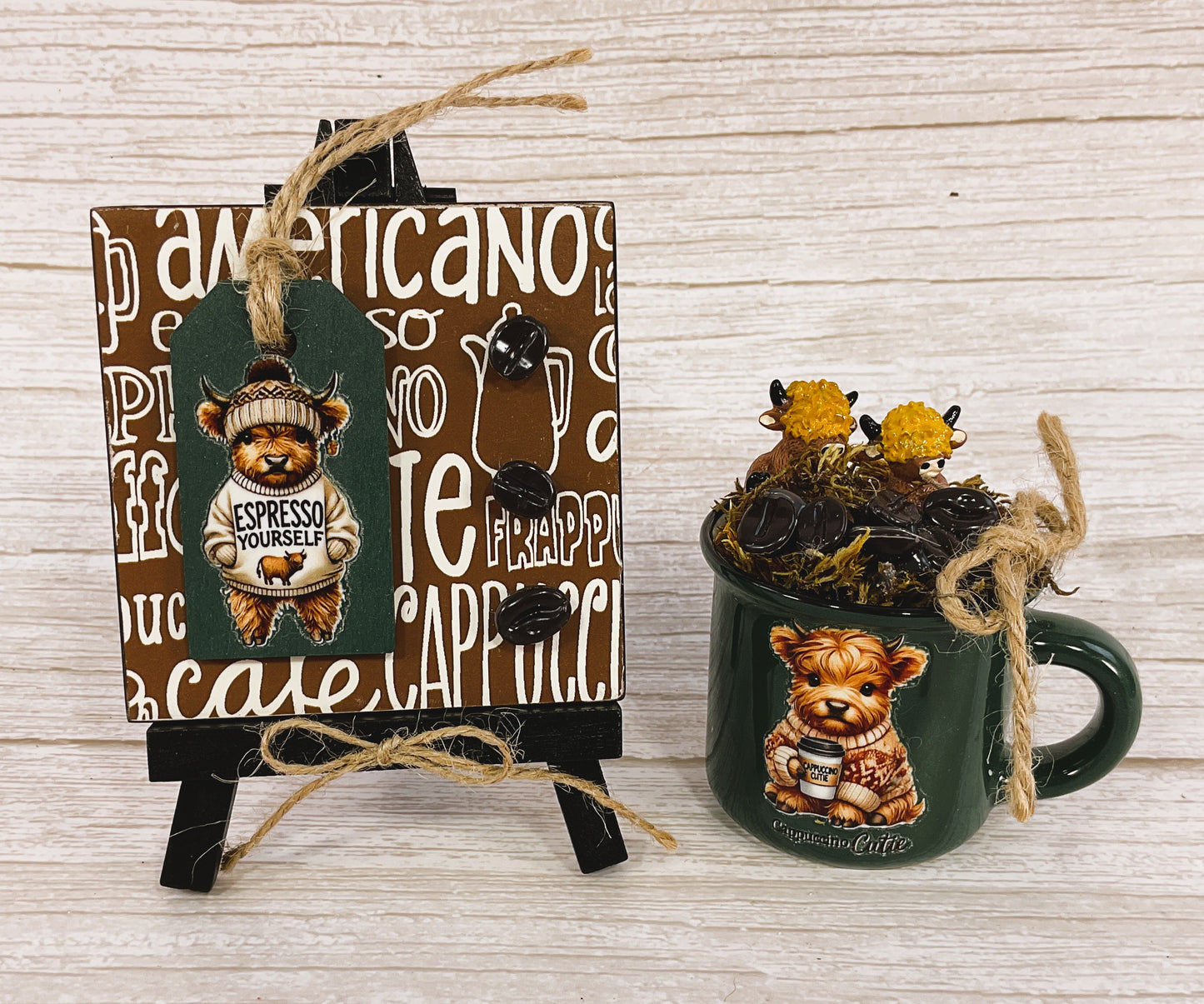 AGSD Fall Home Decor - Highland Cow Faux Coffee Mini Mug & Sign 2pc Set