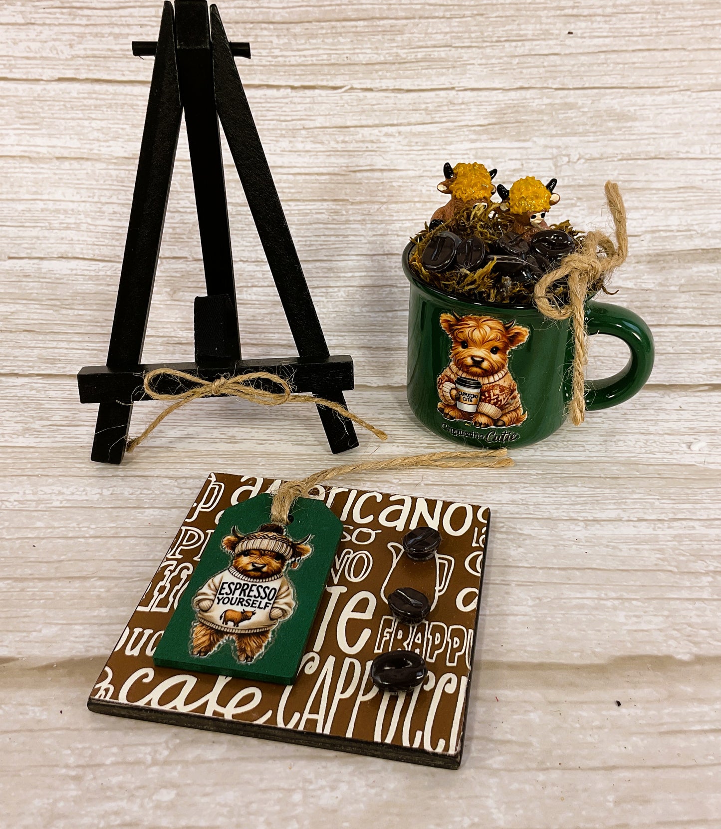 AGSD Fall Home Decor - Highland Cow Faux Coffee Mini Mug & Sign 2pc Set
