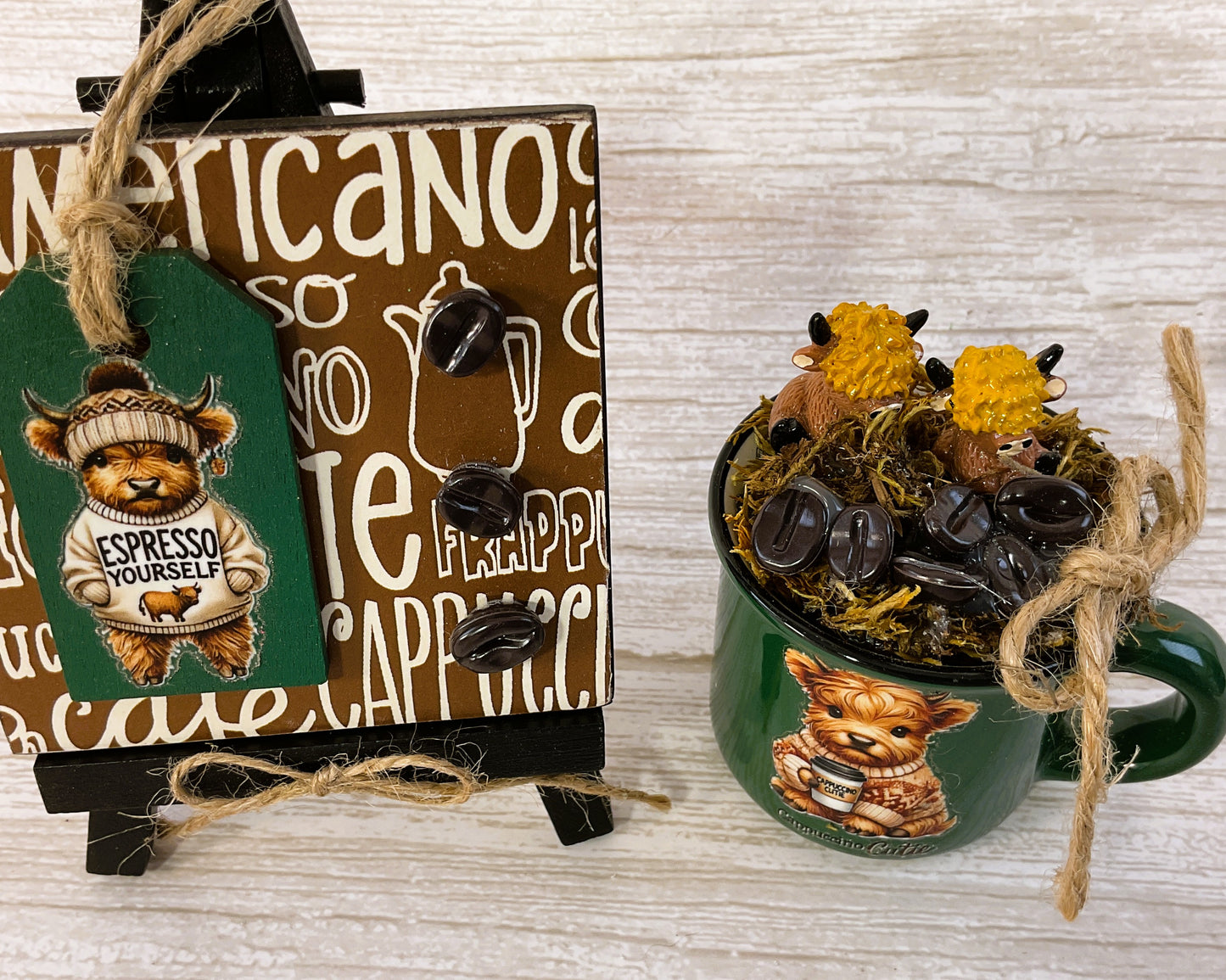 AGSD Fall Home Decor - Highland Cow Faux Coffee Mini Mug & Sign 2pc Set